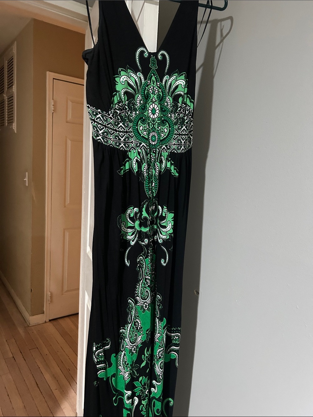 INC International Concepts Black Maxi Dress with Green Paisley Print